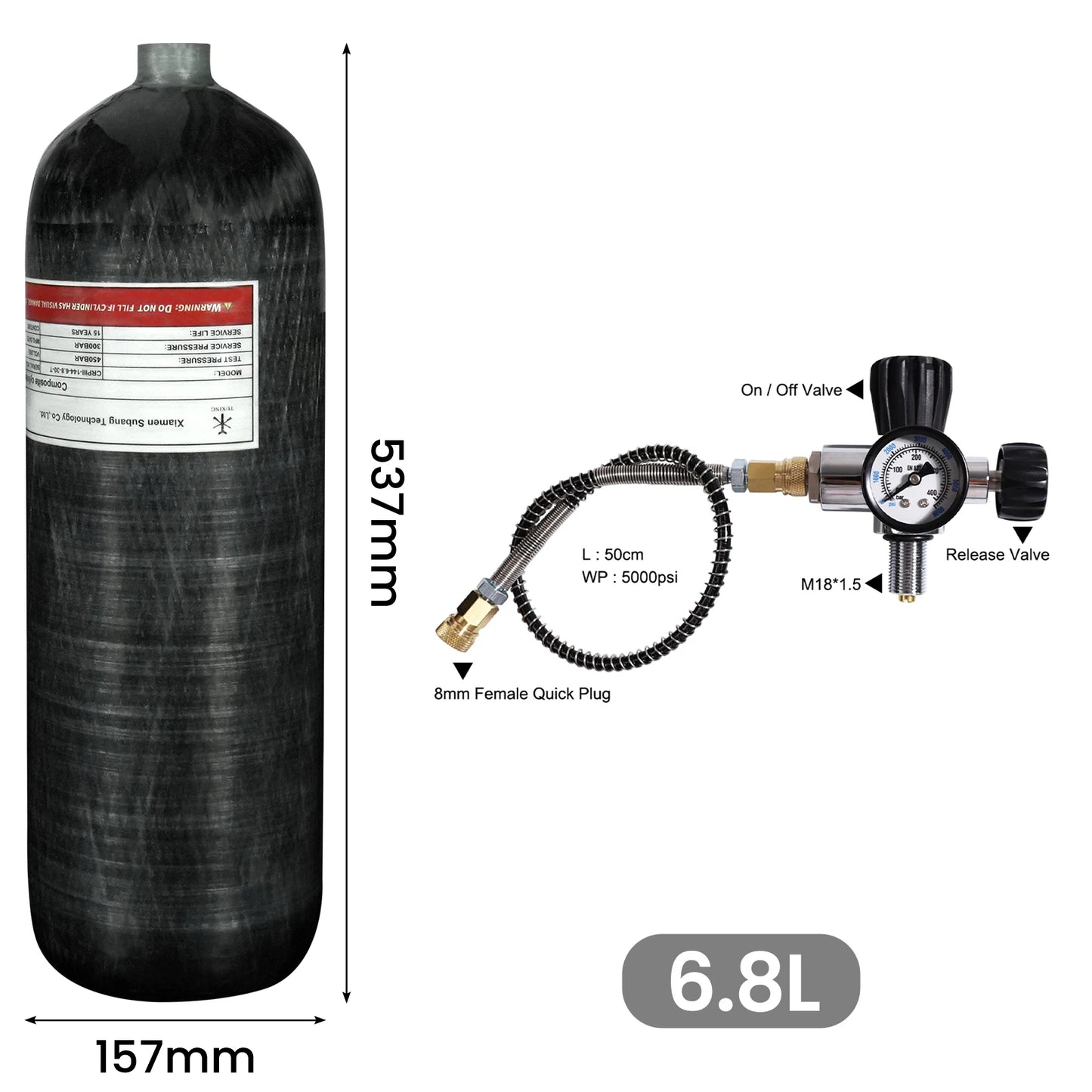 TUXING 4500Psi 300Bar 6.8L Carbon Fiber Cylinder HPA Tank High Pressure Fill Station Valve Charging Regulator Valve M18*1.5