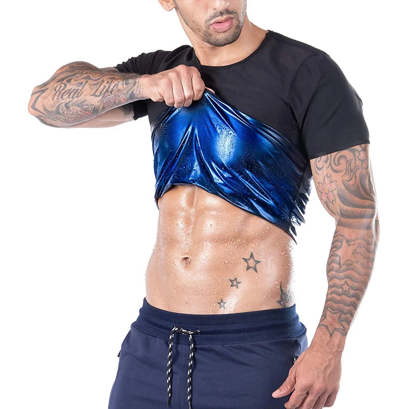 Men Sweat Suit Short Sleeve Compression T-Shirt Weight Loss Body Shaper