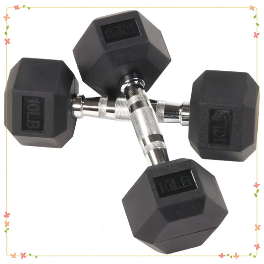 Rubber Encased Hex Dumbbells, 10 lbs Pair, Black