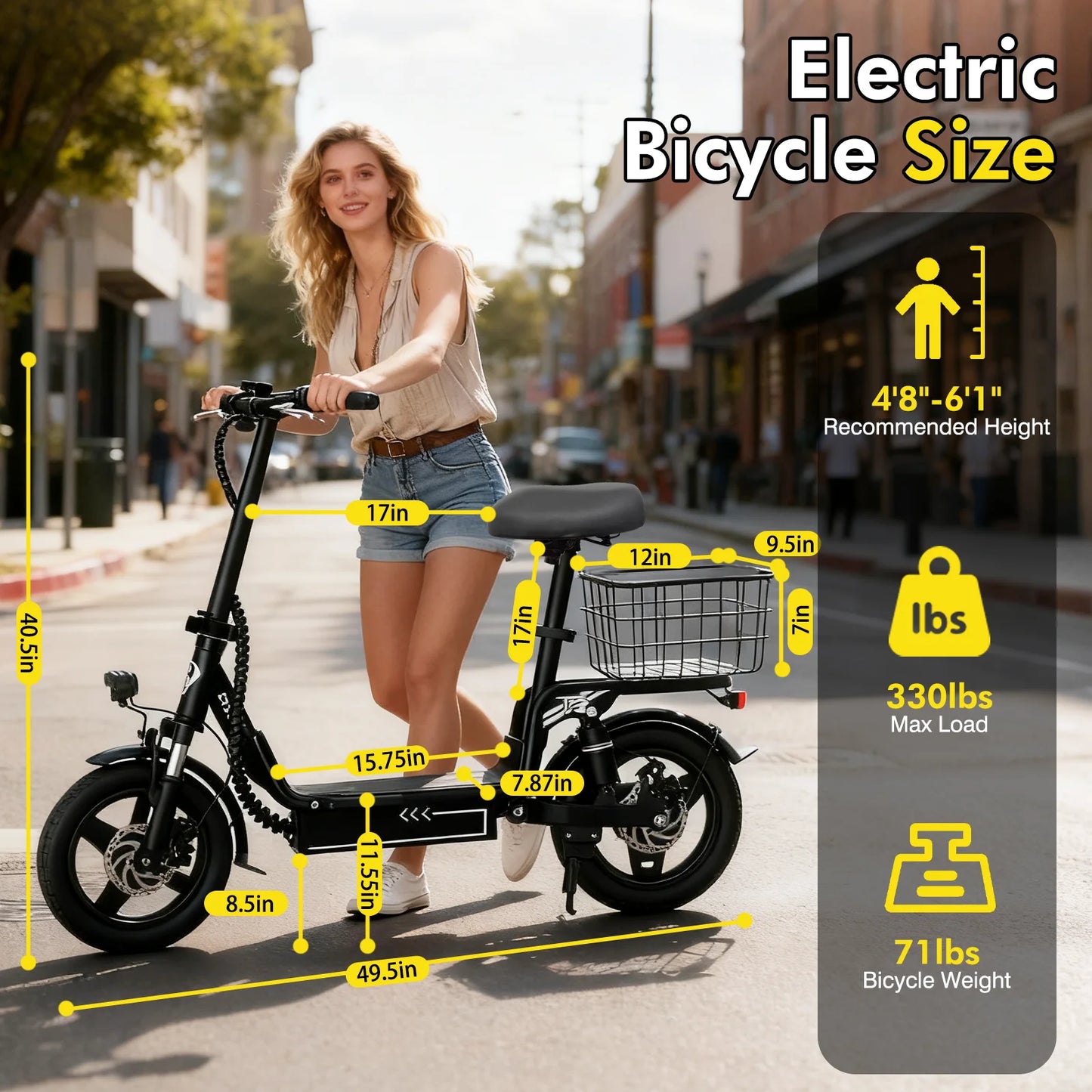 48V 10Ah Electric Bike Escooter with rack & Rear Basket for Adults