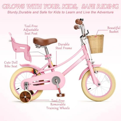 12 Inch Girls Bike with Training Wheels for 2-12 Years Old