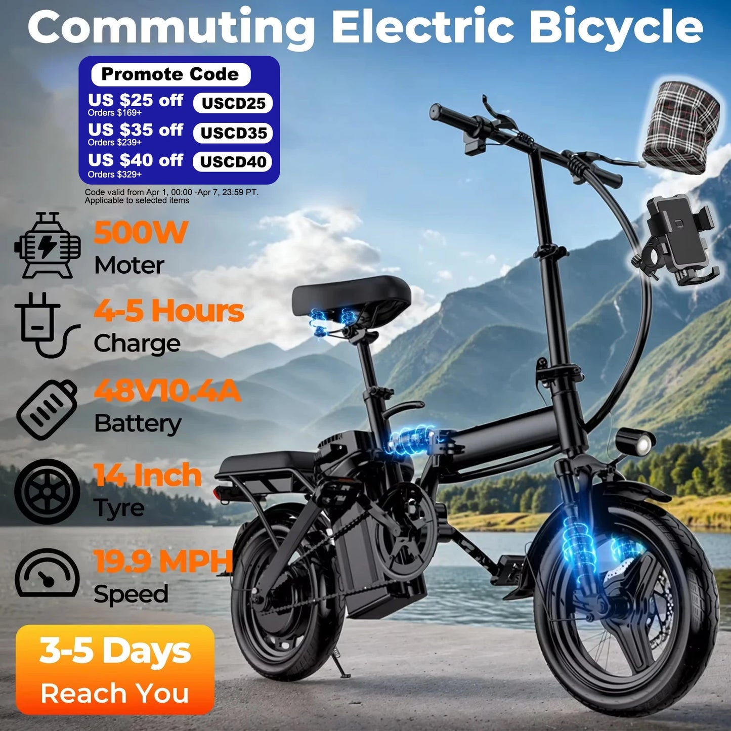 Adult Electric Bike, 20 MPH, 48V 14 Inch Folding Bike,